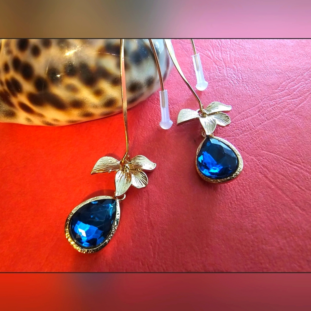 Golden Orchid and Deep Blue Dangle Earrings